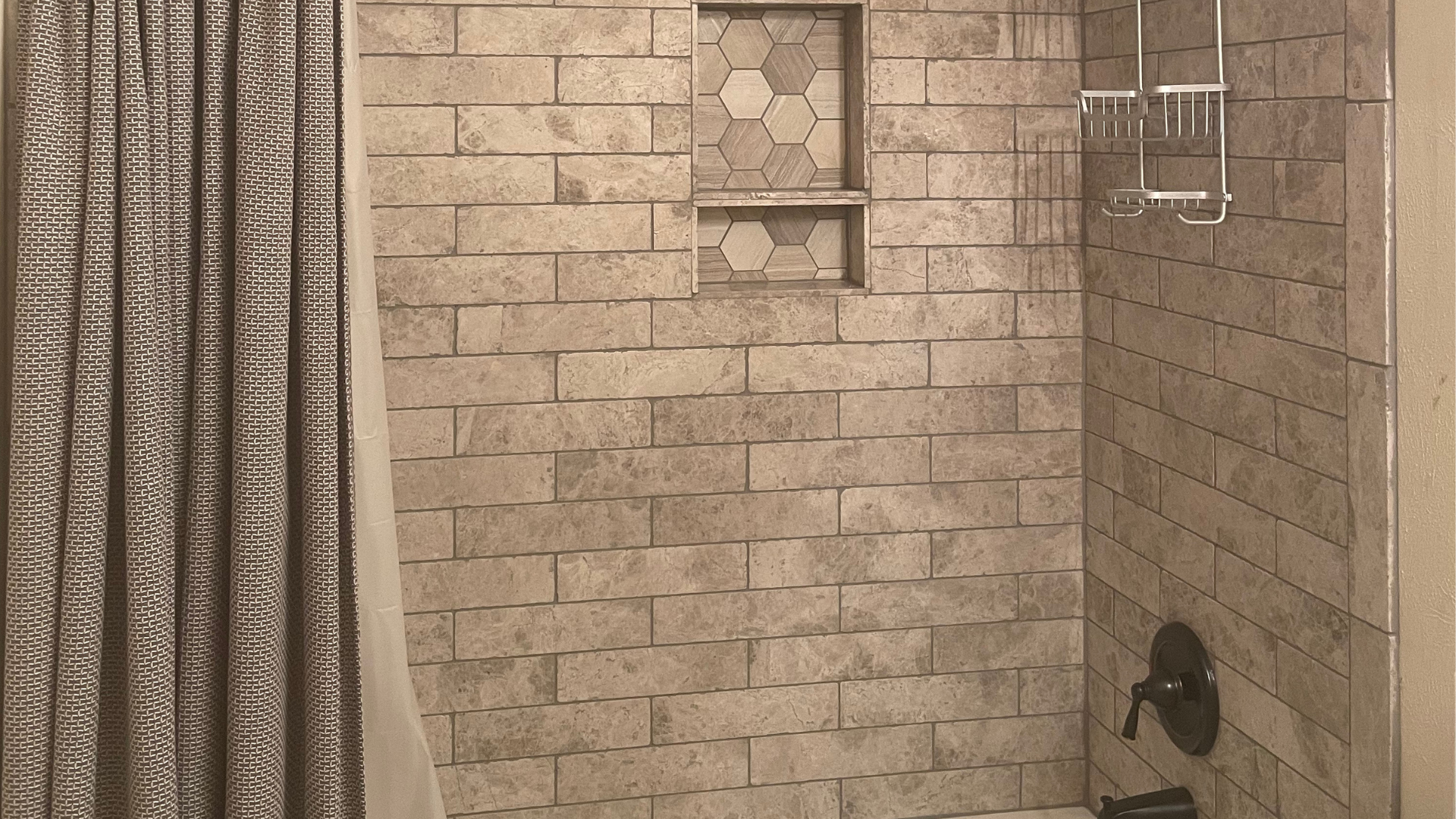 subway tile shower surround stone look